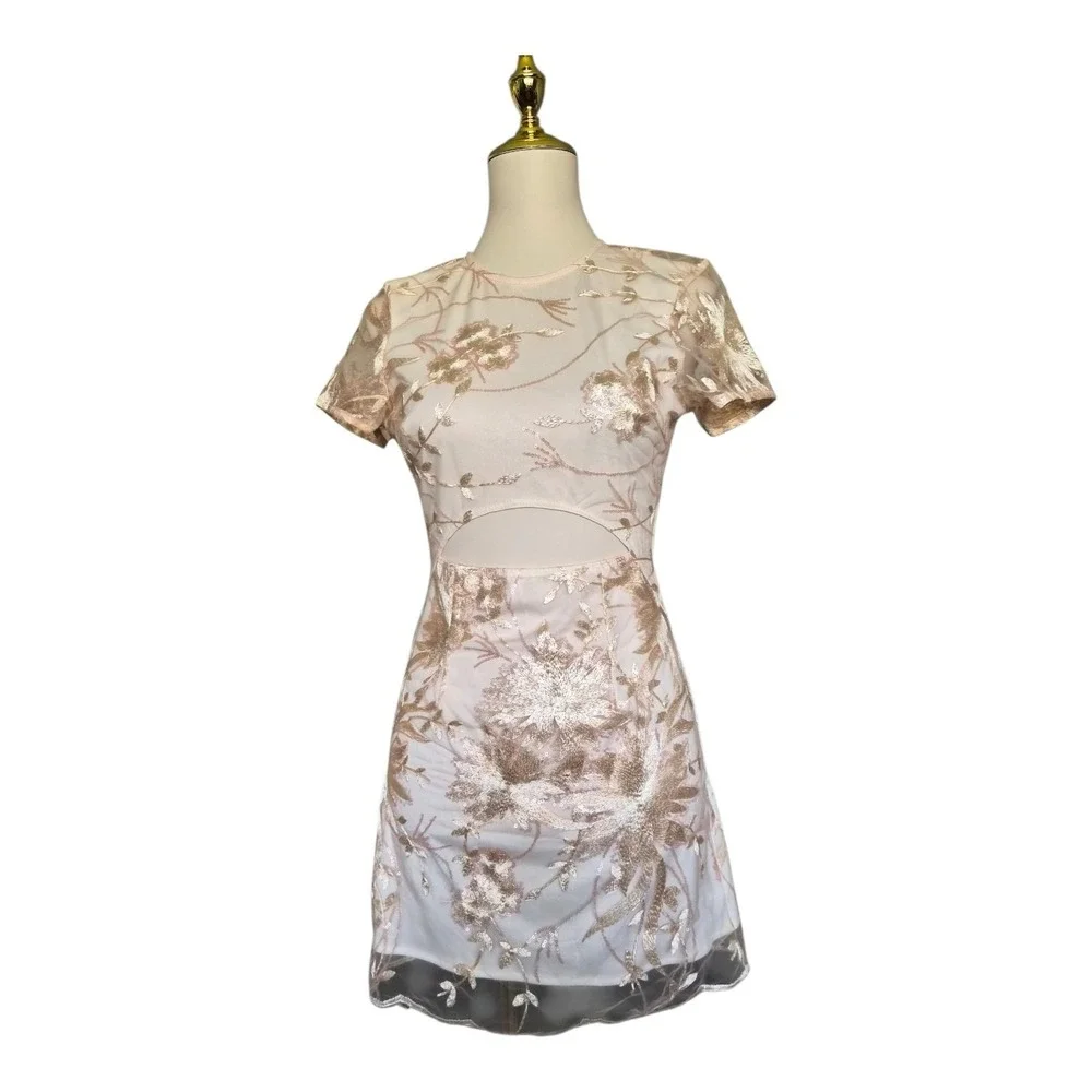Lucy In‎ The Sky Floral Sequin Embroidered Mesh Mini Dress Open Back Cutout S
